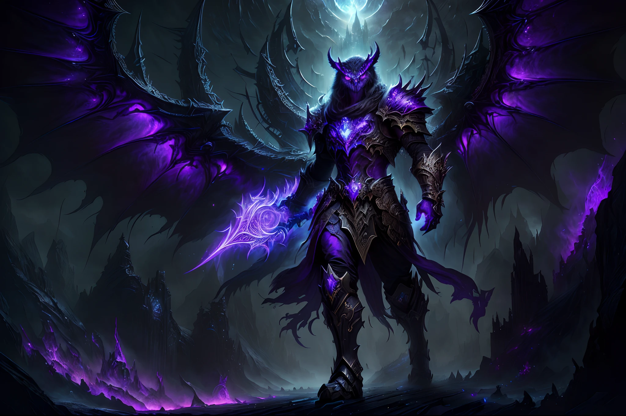 a close up of a demonic creature with purple eyes and a purple light, demon soul concept art, demonic creature, dark fantasy concept art, monster concept art, dark concept art, an ominous fantasy illustration, dark fantasy horror art, dark fantasy artwork, demonic monster, eldritch god, fantasy horror art, dark fantasy art, cosmic horror entity with wings