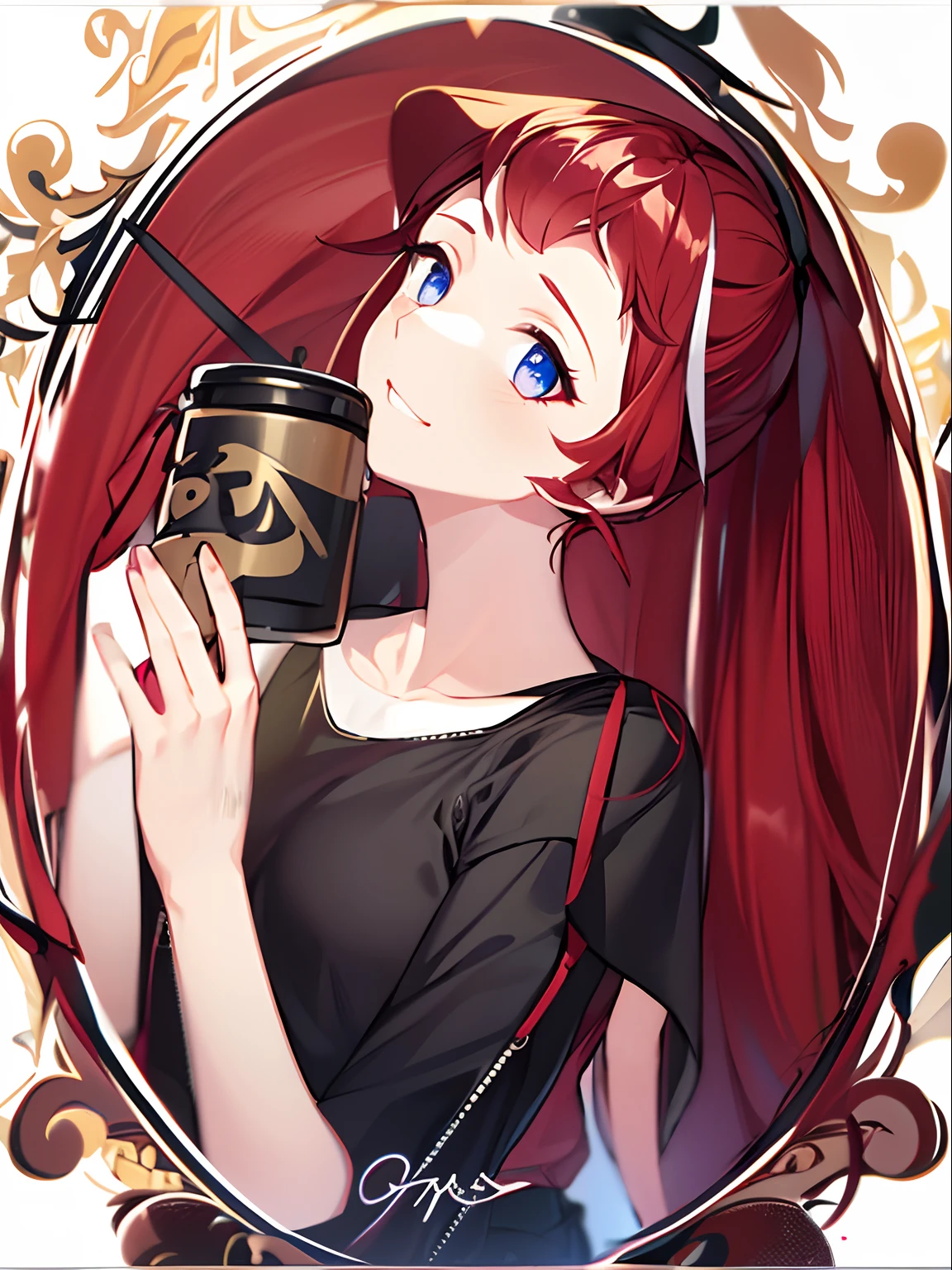 Girl with red double ponytail,Short sleeves in black