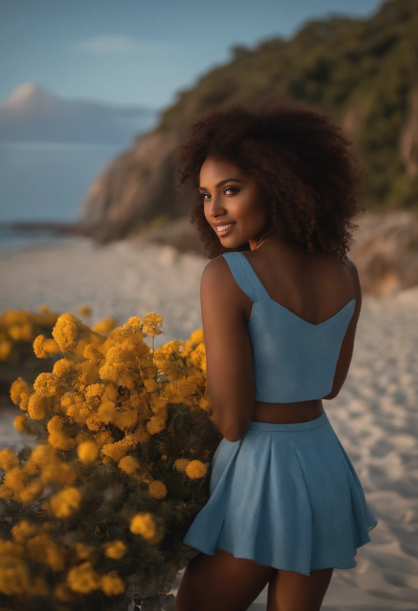 Ultra-realistic, 4K, professional photograpy, 22 year old girl, Black Girl, Big curly hair, nffsw, Detailed face, medium body, Yellow skirt with flowers, (Open blue shirt), masutepiece, (Lighting), (1 only), Beach background, Realistic background, photos realistic