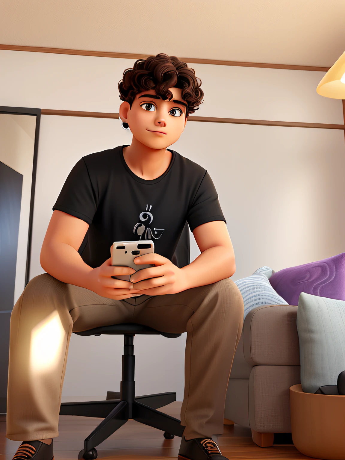 I am sitting in the chair holding phone in my hands staring at mirror. I am wearing black T shirt a beige pants with curl hair