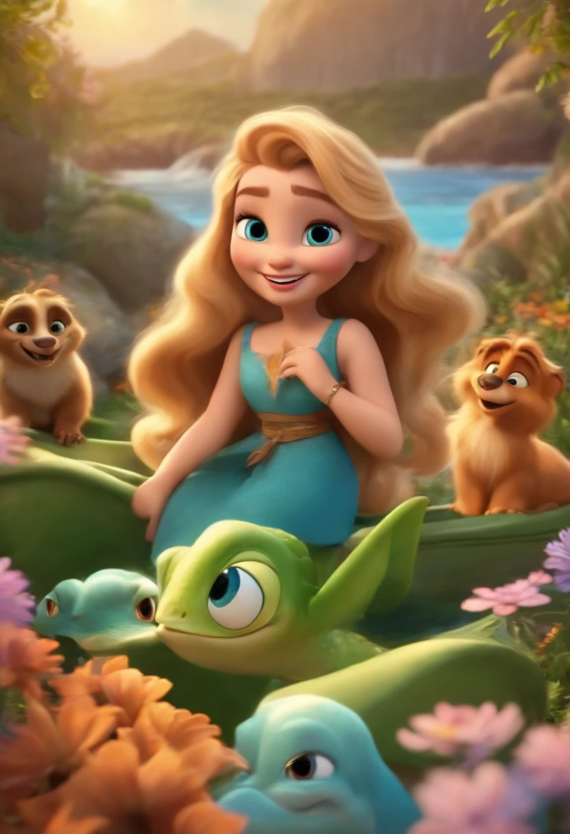Uma postagem de filme inspirado na Disney Pixar. The scene should follow Pixar's signature digital art style, focusing on the expressions of the characters, Vibrant cores and created textures characteristic of your animations. Um casal em um piquenique, where the woman is blonde with long hair, com olhos grandes e castanhos, sorriso lindo e rosto quadrado acompanhada de seu namorado alto, loiro, com olhos castanhos, sorriso lindo e nariz empinado