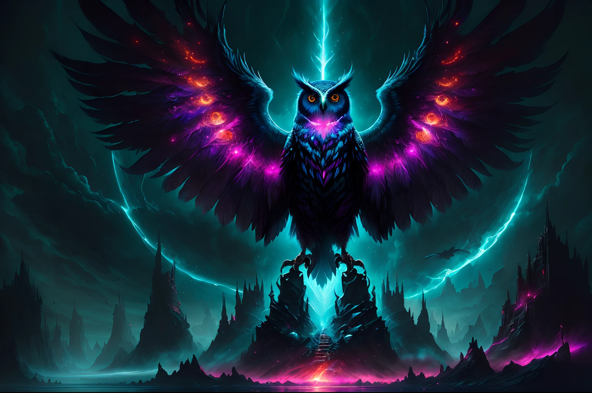 The owl stands in front of the Dark City,Close-up of owl，The face and wings glow, Beautiful and elegant owl, Symmetrical epic fantasy art, dan mumford tom bagshaw, an ominous fantasy illustration, Diablo digital concept art, The head is an owl， Fuchsia feathers, Epic fantasy art style, Detailed digital 2D fantasy art, Epic fantasy art style HD, 8K fantasy art,