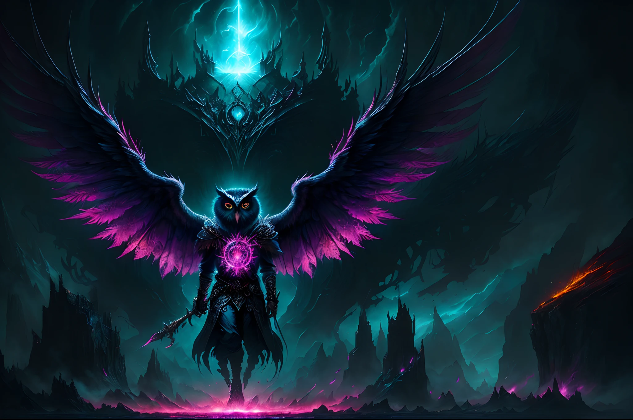 The owl stands in front of the Dark City,Close-up of owl,The face and wings glow, Beautiful and elegant owl, Symmetrical epic fantasy art, dan mumford tom bagshaw, an ominous fantasy illustration, Diablo digital concept art, The head is an owl, Fuchsia feathers, Epic fantasy art style, Detailed digital 2D fantasy art, Epic fantasy art style HD, 8K fantasy art,
