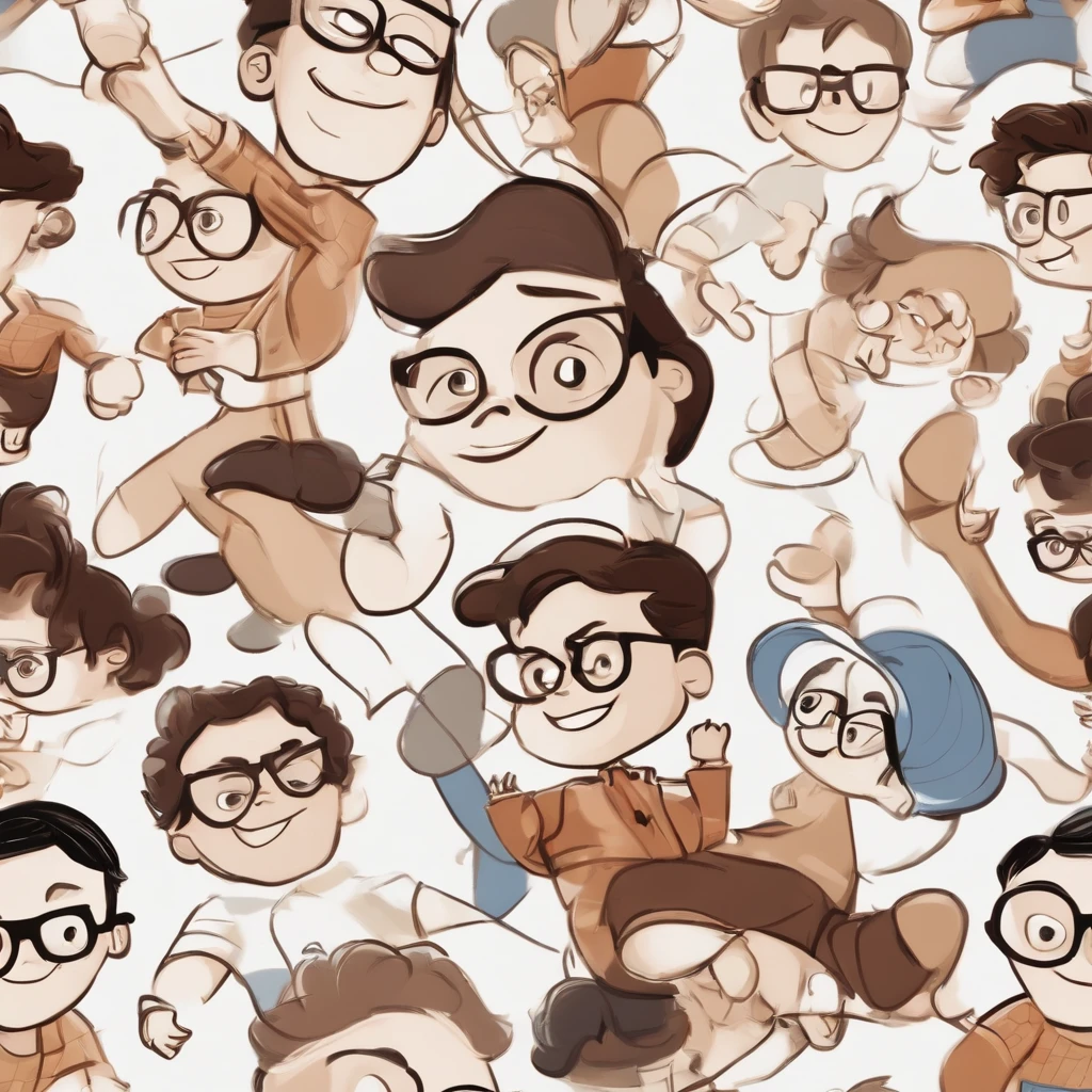 A happy white boy with glasses brown eyes with slightly wavy black hair , em um fundo branco. The artwork is inspired by Pixar's style and has a vivid color palette. The boy's face is highly detailed, com recursos lindamente renderizados. Image quality is of the highest level, with 16k resolution. The scene is a 3D composition, resembling a character from an animated film like Avengers. The boy's cheerful expression and energetic posture reflect the essence of youth.
