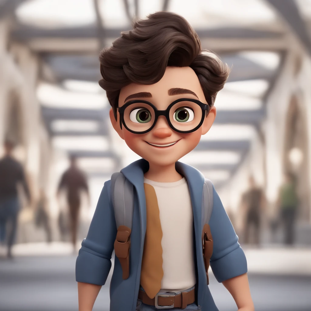 A happy white boy with glasses brown eyes with slightly wavy black hair , em um fundo branco. The artwork is inspired by Pixar's style and has a vivid color palette. The boy's face is highly detailed, com recursos lindamente renderizados. Image quality is of the highest level, with 16k resolution. The scene is a 3D composition, resembling a character from an animated film like Avengers. The boy's cheerful expression and energetic posture reflect the essence of youth.