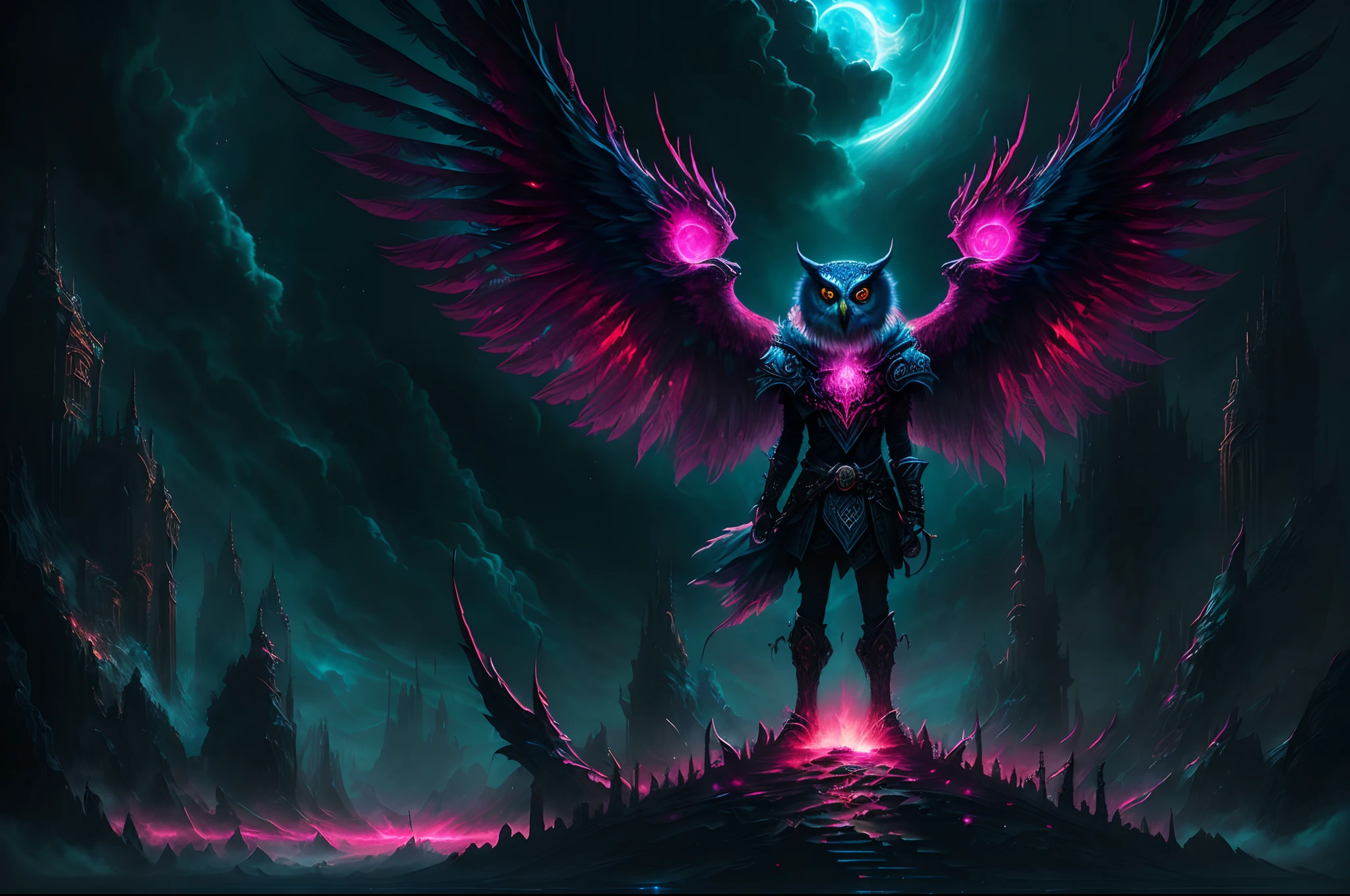 The owl stands in front of the Dark City,Close-up of owl，The face and wings glow, Beautiful and elegant owl, Symmetrical epic fantasy art, dan mumford tom bagshaw, an ominous fantasy illustration, Diablo digital concept art, The head is an owl， Fuchsia feathers, Epic fantasy art style, Detailed digital 2D fantasy art, Epic fantasy art style HD, 8K fantasy art,