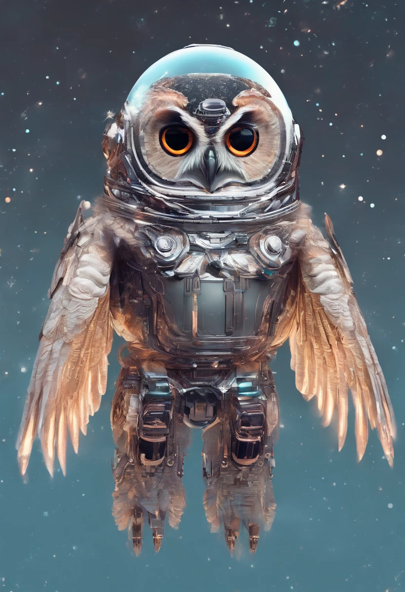 The owl wears a space helmet，Fly over the water，inverted image，Sharp focus，Bokeh，depth of fields，Works of masters，super-fine，Hyper-realistic，8K，Best picture quality，Detailed description，电影灯光，cinematic perspective