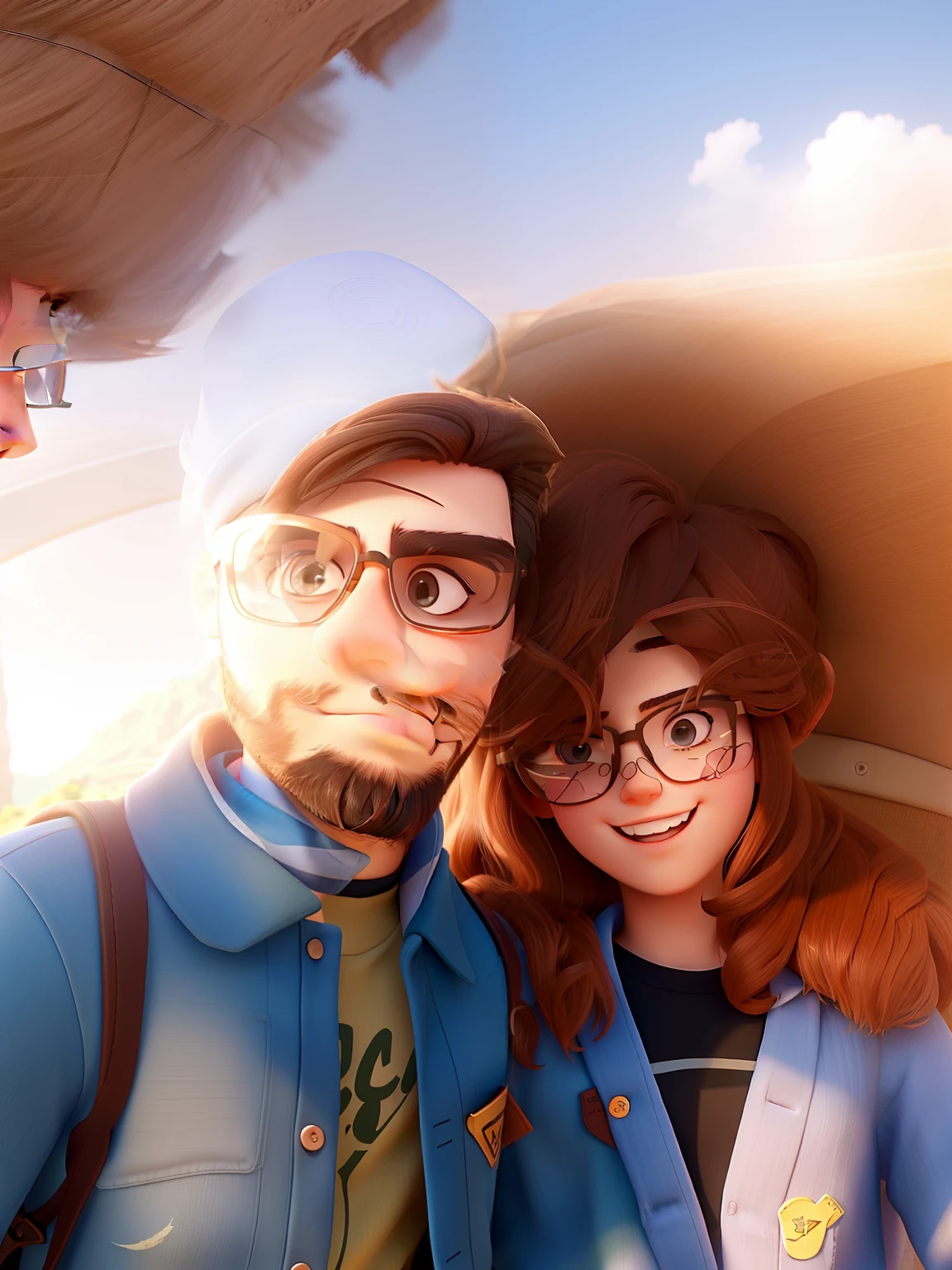 Young couple with sunglasses and passionate look. O jovem rapaz tem barba no rosto todo. The two of them are in a very beautiful background landscape