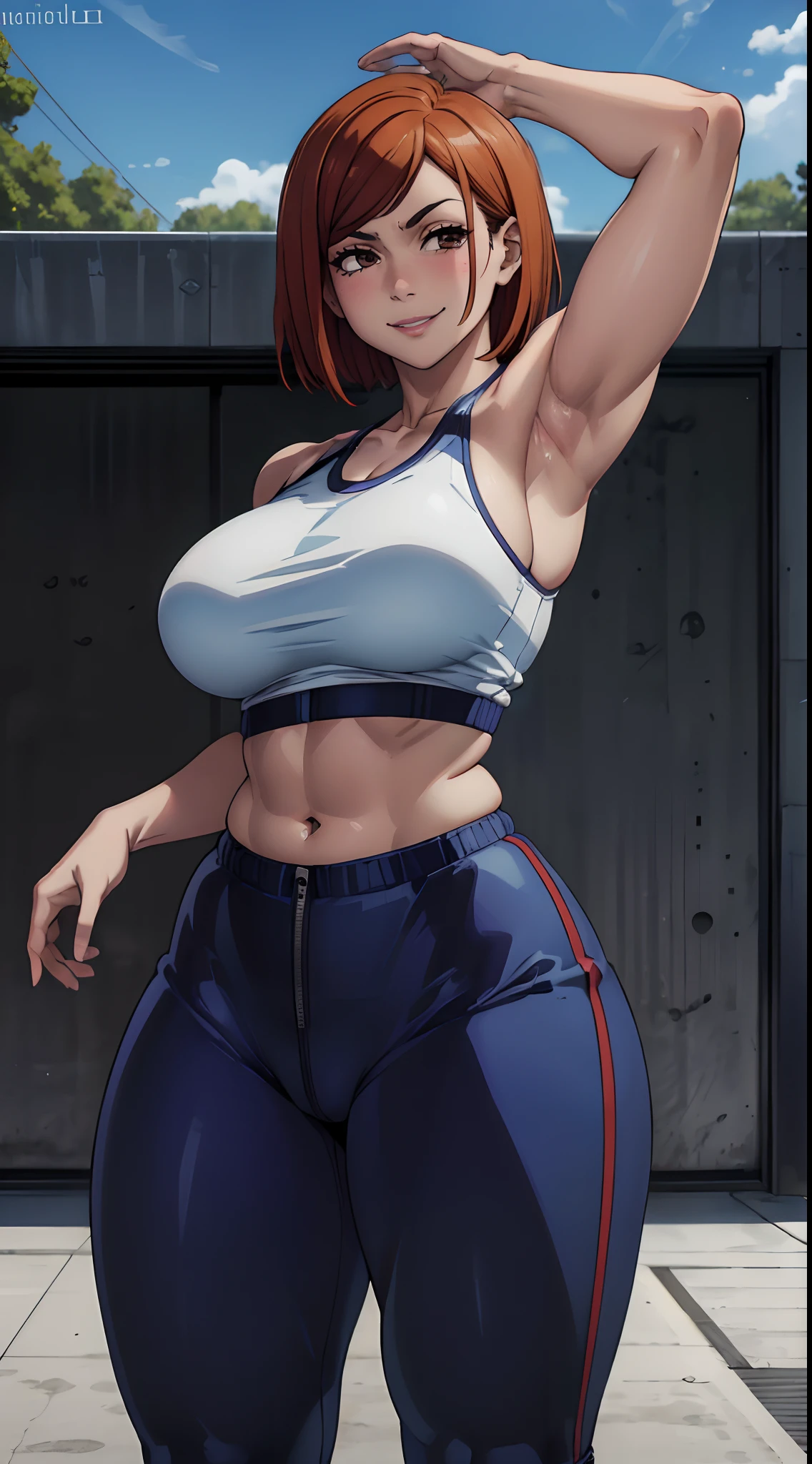 (best quality:1.3), (4k quality), Nobara Kugisaki by jujutsu no kaisen, ((Detailed face)),((smile)), ((curvy body)), (big breasts), sexy, ((cut hair )), ((gym outfit)), ((sky blue)), ((showing armpits))