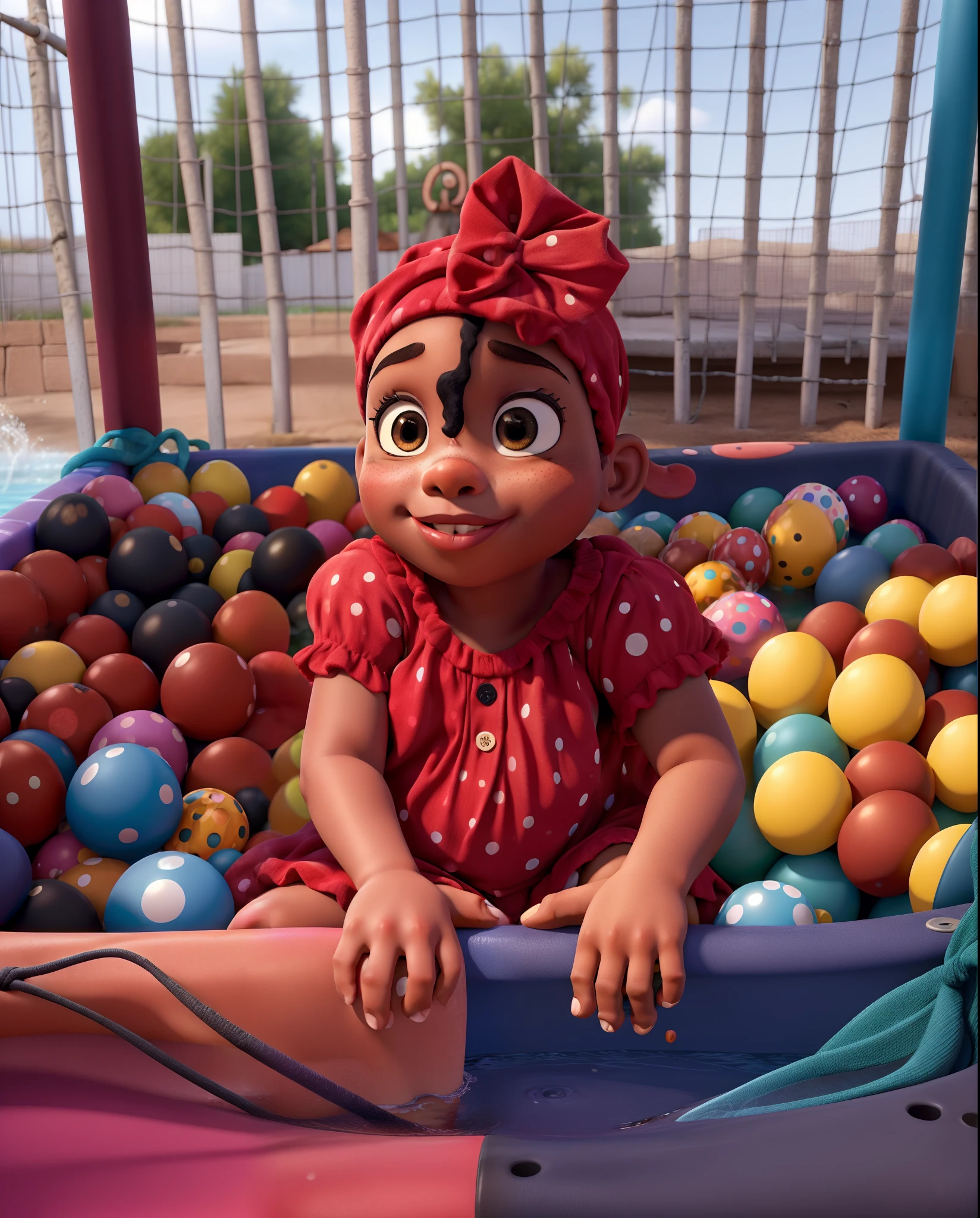 A black girl in a pool of colorful polka dots Disney pixar style high quality best quality