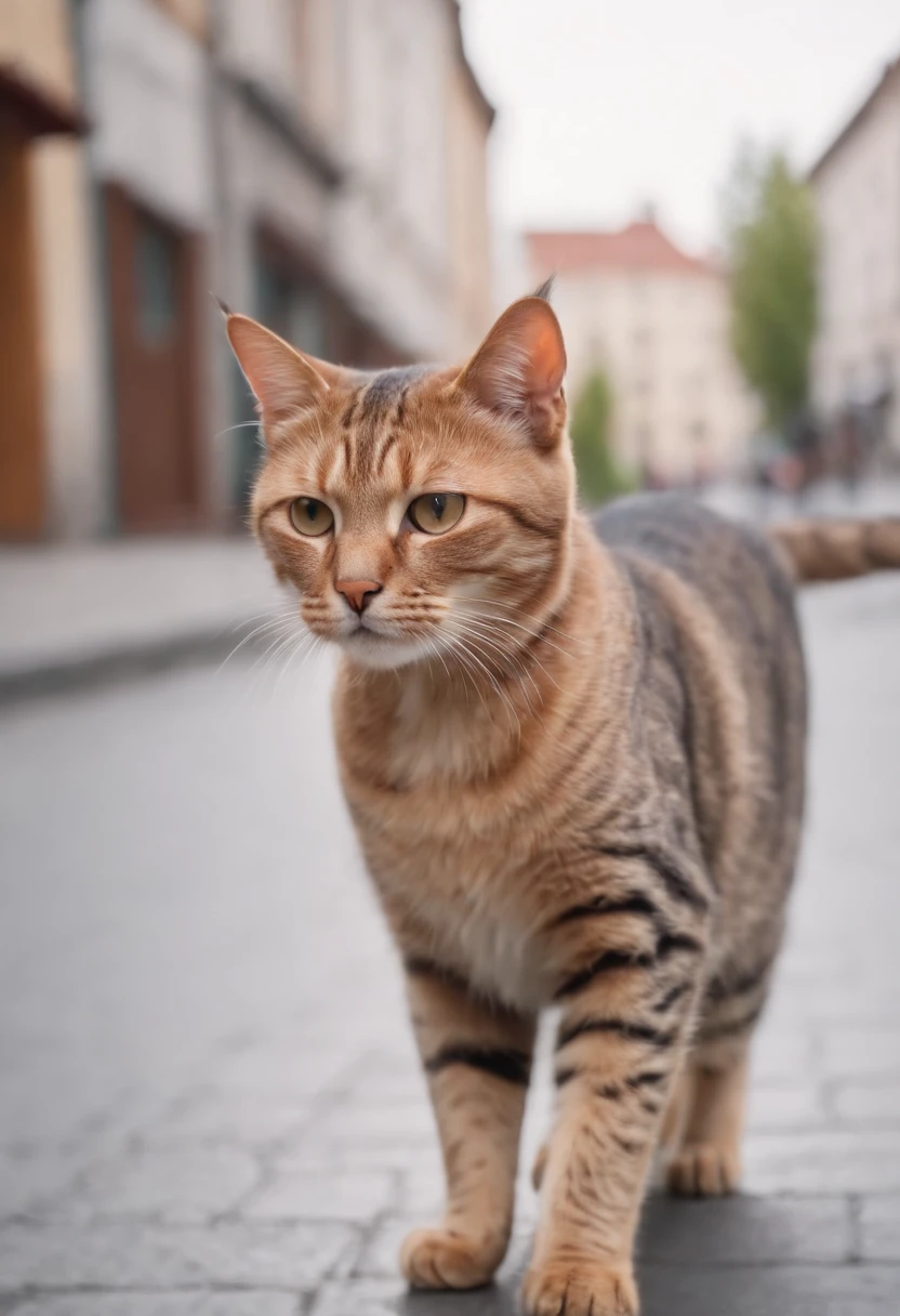 A standing and walking cat moves around the city in clothes