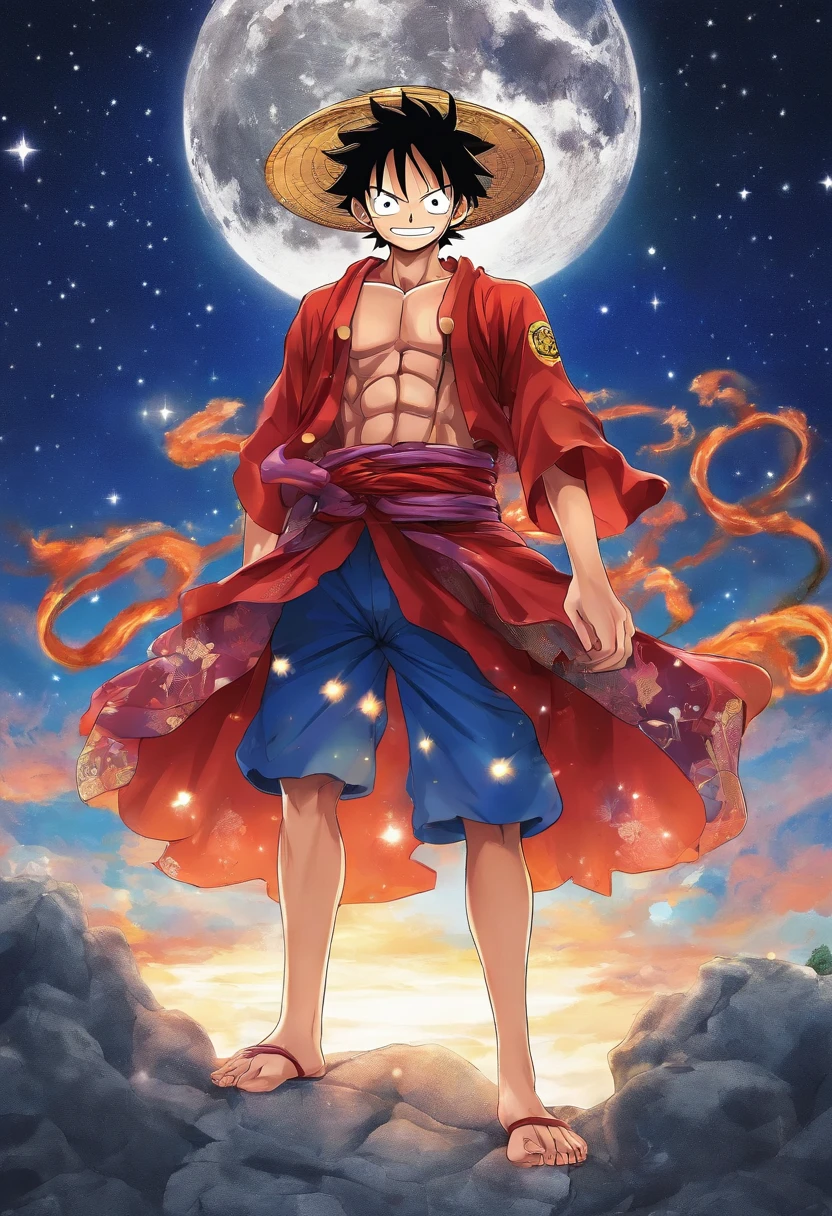 Monkey D Luffy Wano, on top of a large stone, olhando para o horizonte, roupas laranjas, night sky and starry, bright stars in the sky,