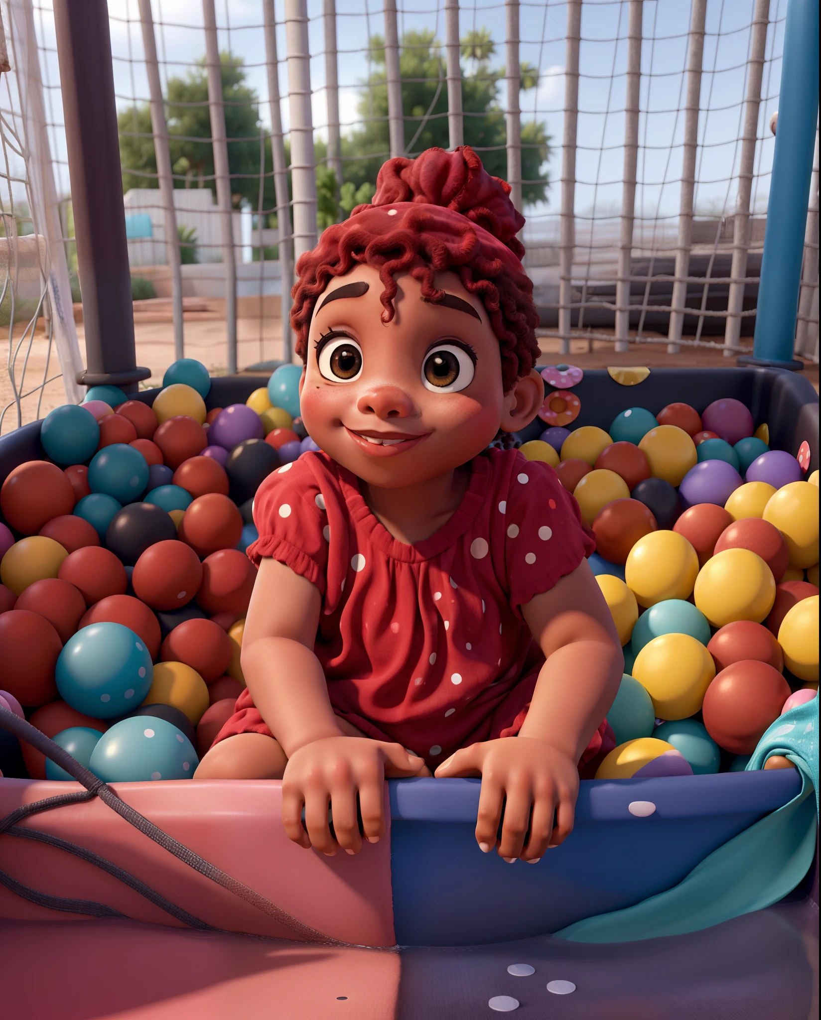 A black girl in a pool of colorful polka dots Disney pixar style high quality best quality