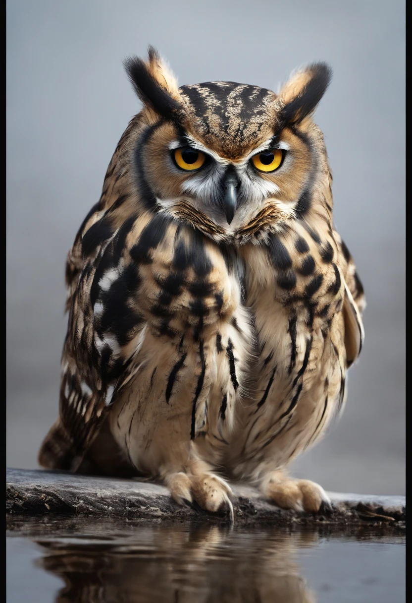 The owl caught a mouse,Fly over the water,inverted image,Sharp focus,Bokeh,depth of fields,Works of masters,super-fine,Hyper-realistic,8K,Best picture quality,Detailed description,电影灯光,cinematic perspective