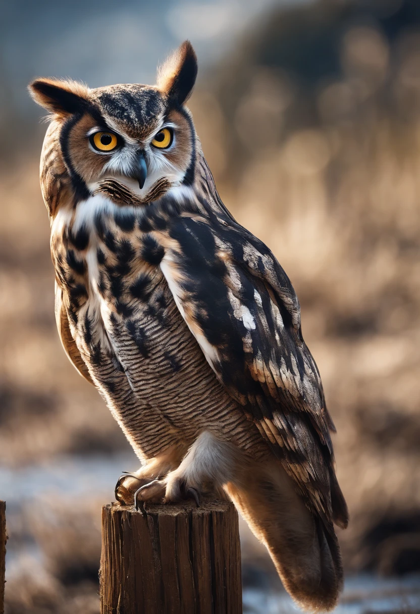 The owl caught a mouse,Fly over the water,inverted image,Sharp focus,Bokeh,depth of fields,Works of masters,super-fine,Hyper-realistic,8K,Best picture quality,Detailed description,电影灯光,cinematic perspective