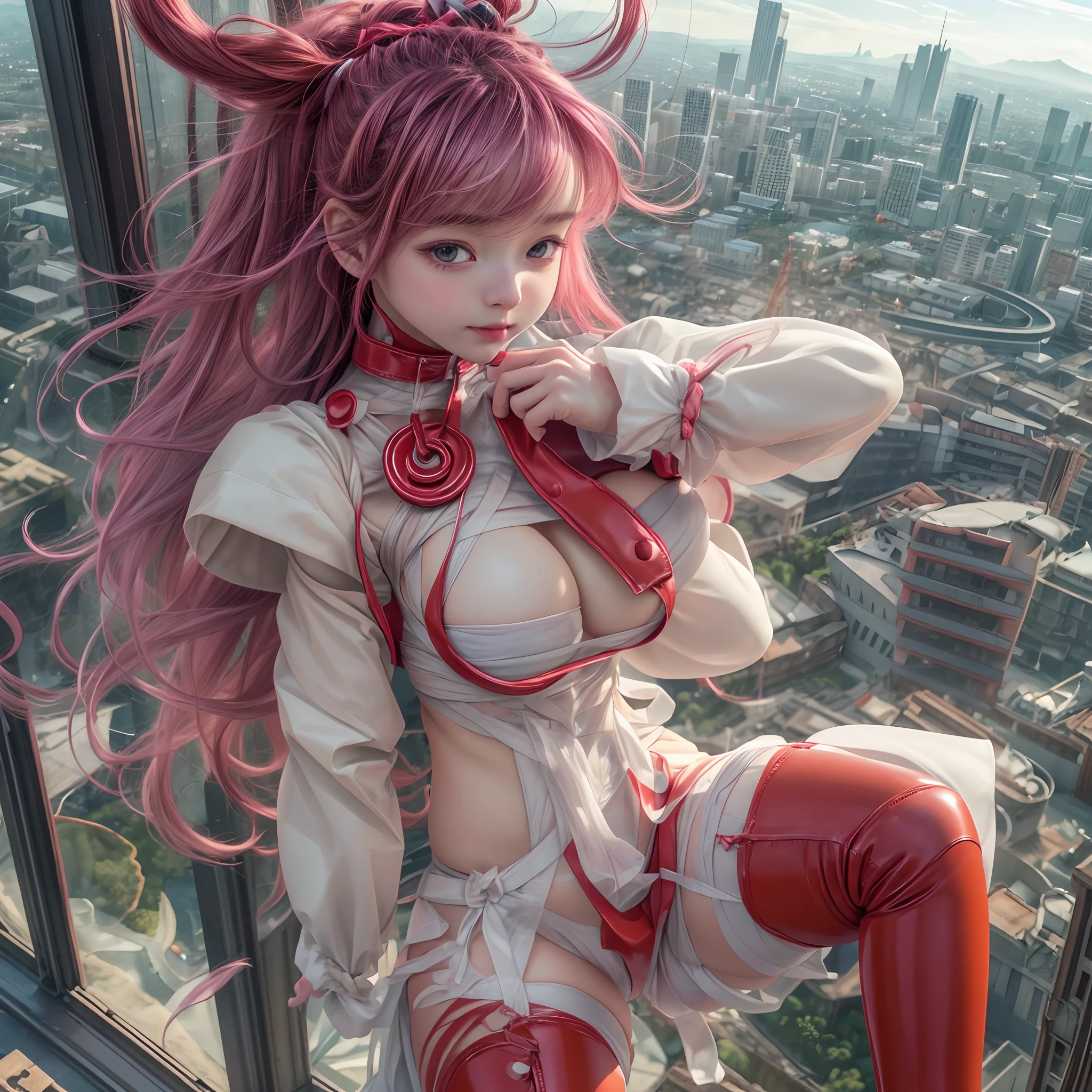 (SFW, NSFW_STILL_SHOW), Oppai-Loli、((wide-angle, Flying Magic、Floating hair、Floating in the air, Curved horizon, Overlooking a city eroded by the jungle,Above the city)), { (Mystic sight)| best quality | 8k | clear |focused } (Masterpiece:1.2, photo-realistic:1.37)、{ Soft Lighting with many Follow lights | smooth shading }、(Detailed KAWAII Face)、{(Childish)|(Gigantic Cleavage)}、{ ((facing back))| ((Full Body:1.2)) | ((Ass focus)) }、Detailed open crotch、(Detailed glistening ivory skin)、extremely detailed, { Transparent Veil | Red Leather High Collar | Red Long Boots | rubber sole | Random hair color }、((cor perfect anatomy, no missing limbs, no extra limbs, rubber sole)), { correct legs, | correct hand | correct fingers | feminine hands | perfect anatomy | no missing limbs |no extra limbs }, ((rubber sole)),