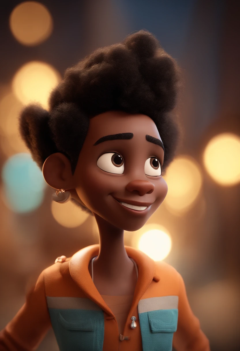 Garoto, estilo disney, tom de pele: claro: Cabelo: marrom escuro, afro,corte curto so em cima,. camisa: jaqueta de trabalho, Cor laranja xom faixa luminosa. Fundo: Gray and white gradient,Comemorando, Hands raised, sorrindo, feliz, (estilo pixar) (obra-prima:1.2) (bokeh) (melhor qualidade) (pele detalhada) (textura detalhada) (8k) (claymation) (cinematic lighthing) (foco nítido