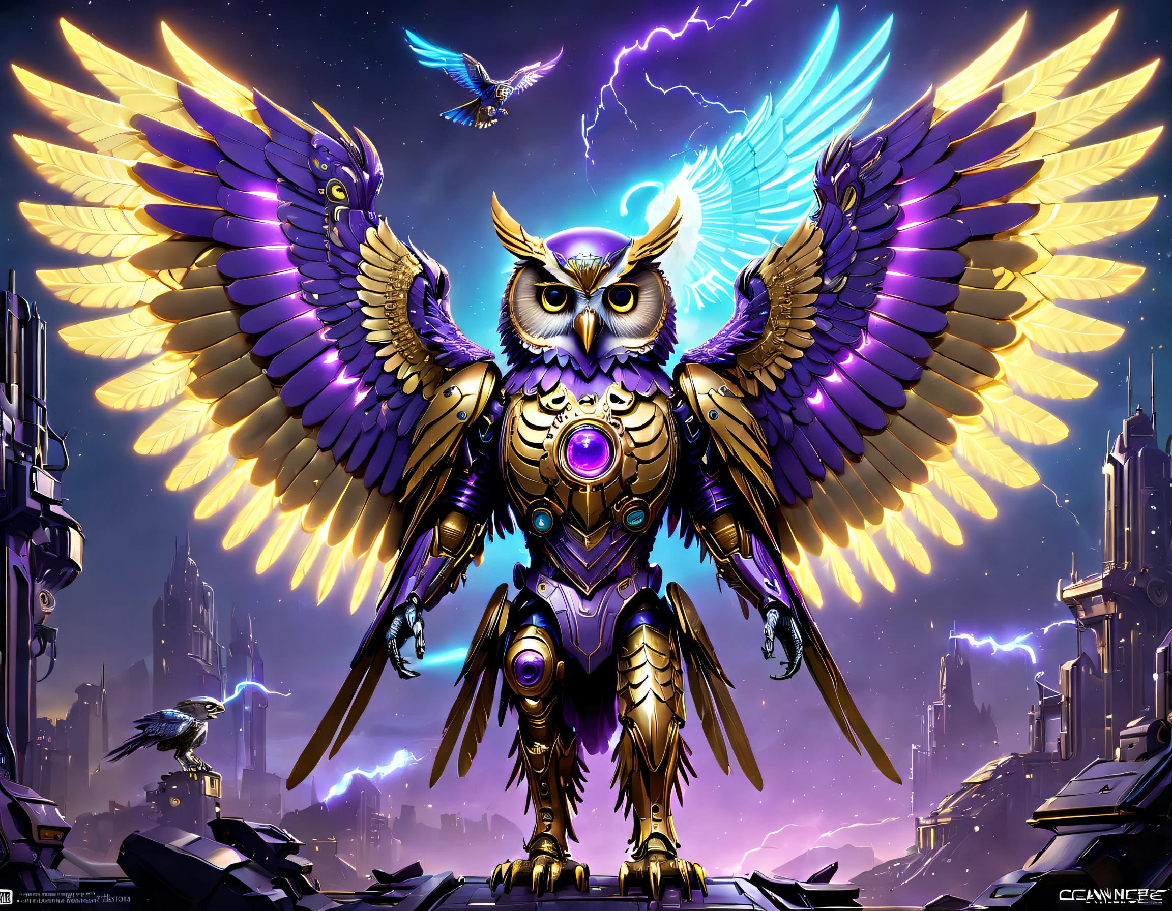 Futuristic mechanical owl，Image of Alfid's mechanical owl，Purple glowing golden wings, Eagle falcon in metal armor, dan munford. 8 k octane render, mech wings, dan munford. Maya rendering, Neon wings, dan munford. rendering by octane, sci fi epic digital art, heroes of the storm splash art, dan mumford tom bagshaw, high definition cgsociety