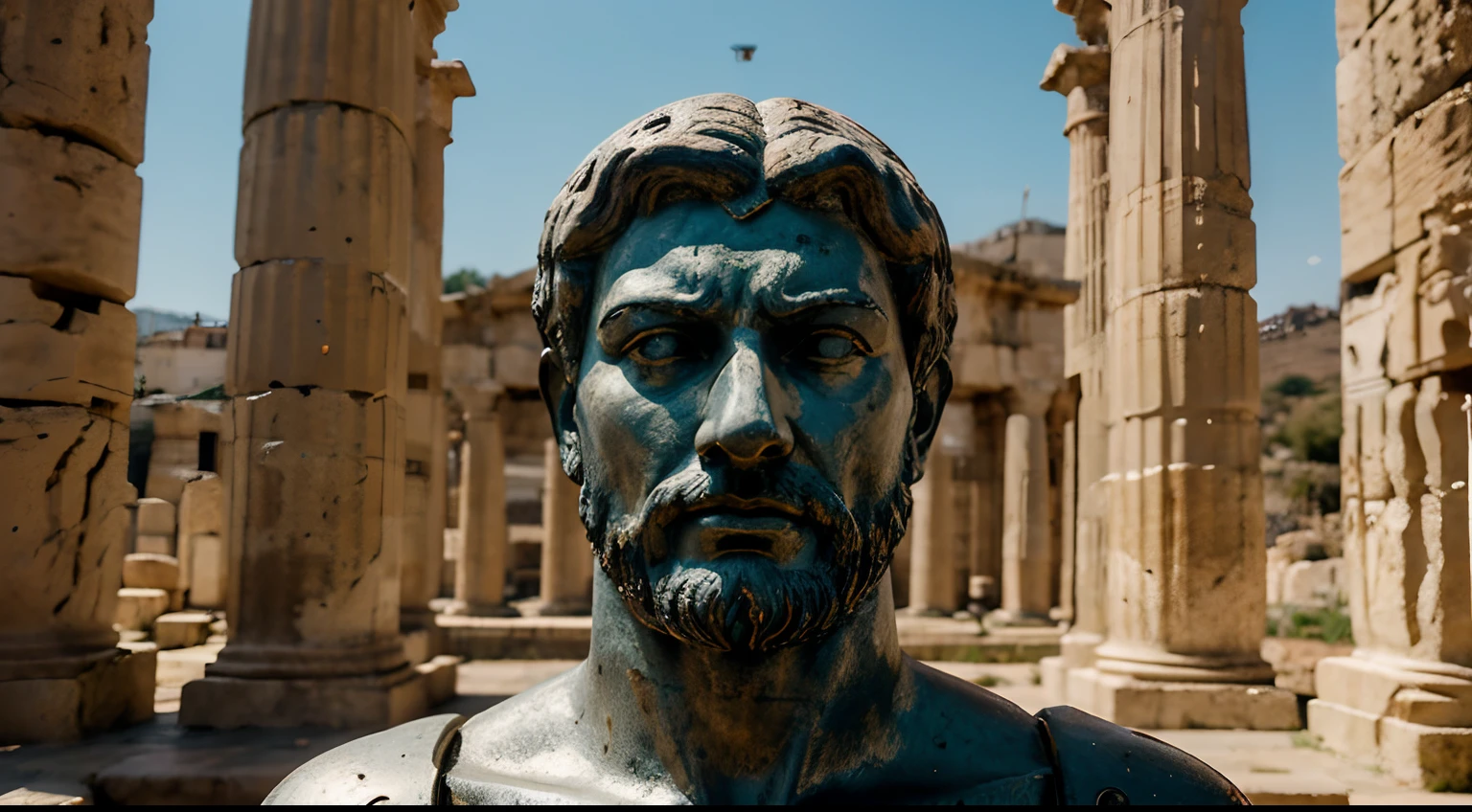Ancient Stoic Statue With Very Angry Expression, tem barba, muitos detalhes em ambos os olhos, Outside, fundo atenas grego, open sky, com rosto extremamente detalhado full body view, Colors with low saturation with dark tone, Filmado em Sony A7S III com Sony FE 35mm f/1.8, 12.1 MP, --AR 3:2 --estilo cru
