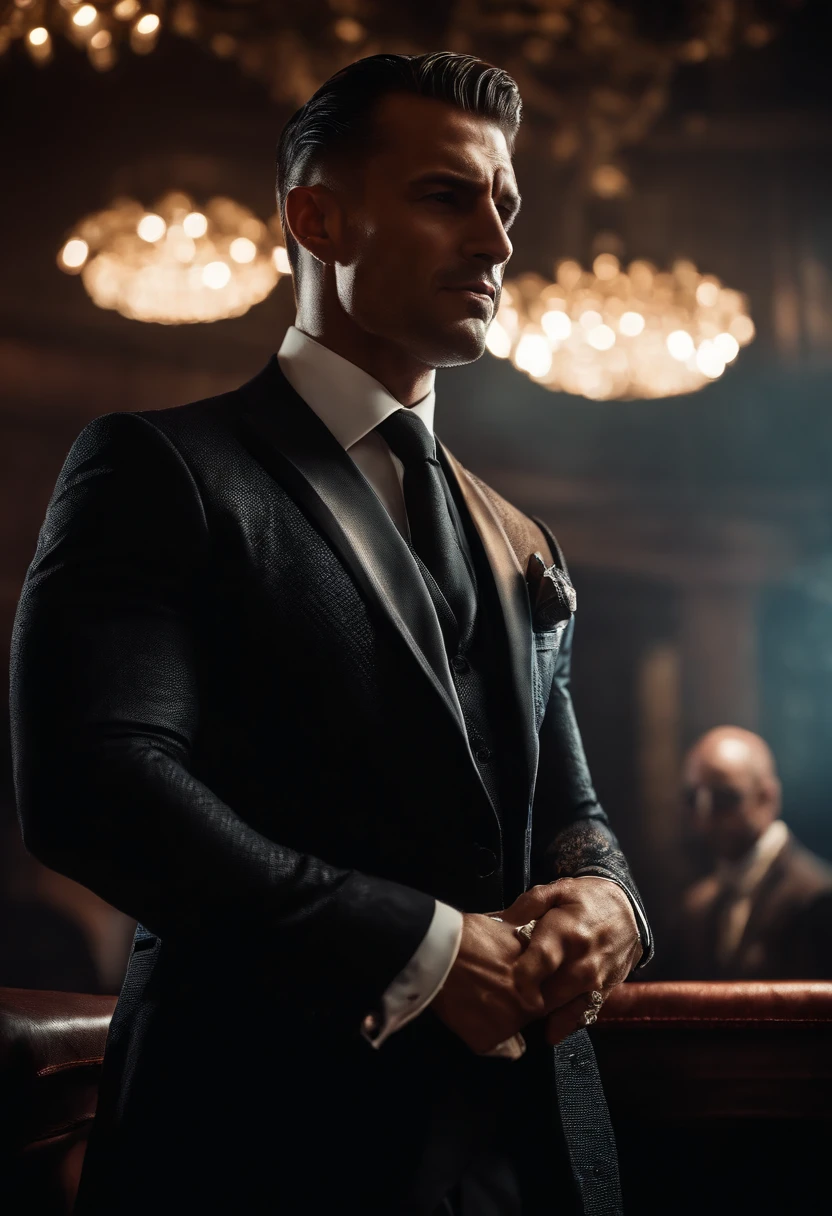 realistic (muscular man:1.1) mob boss, wearing intricate black elegant suite, portrait, short hair, jewelry, in a nightclub, spot lighting the scene, detailed background, intricate details, (illustration), masterpiece, high resolution, best quality.