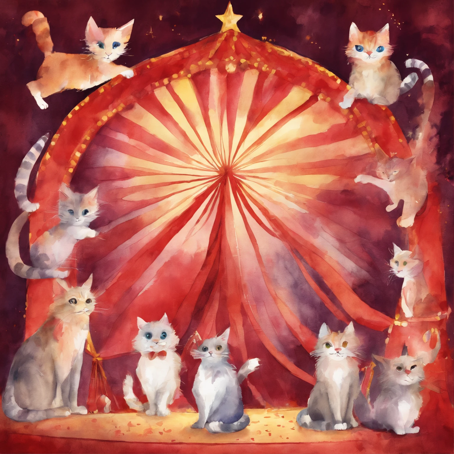 Cat Circus Troupe Fantastic atmosphere Picture book illustrations watercolor paiting Overall, the color is strong red