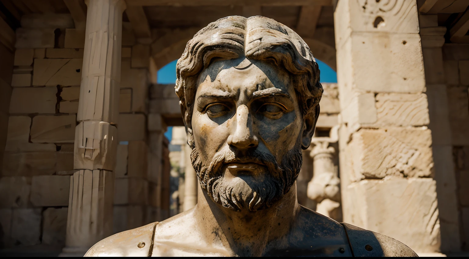 Ancient Stoic Statue With Very Angry Expression, tem barba, muitos detalhes em ambos os olhos, Outside, fundo atenas grego, open sky, com rosto extremamente detalhado full body view, Colors with low saturation with dark tone, Filmado em Sony A7S III com Sony FE 35mm f/1.8, 12.1 MP, --AR 3:2 --estilo cru