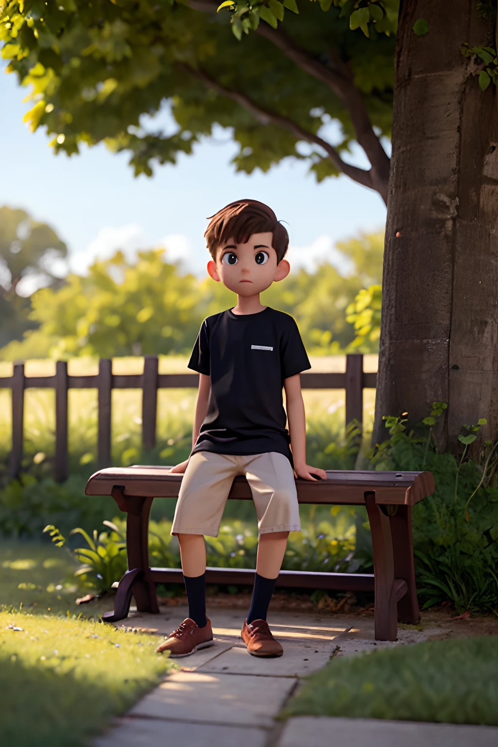 A imagem mostra um menino sentado em um banco de madeira, which is located near a fence. The boy is wearing a black shirt and appears to be looking at the camera. The bench is positioned in the middle of the scene, com a cerca estendendo-se para os lados esquerdo e direito da imagem. The boy's posture and the presence of the bench suggest that this could be a park or a similar outdoor environment.Gere essa imagem no estilo de anima