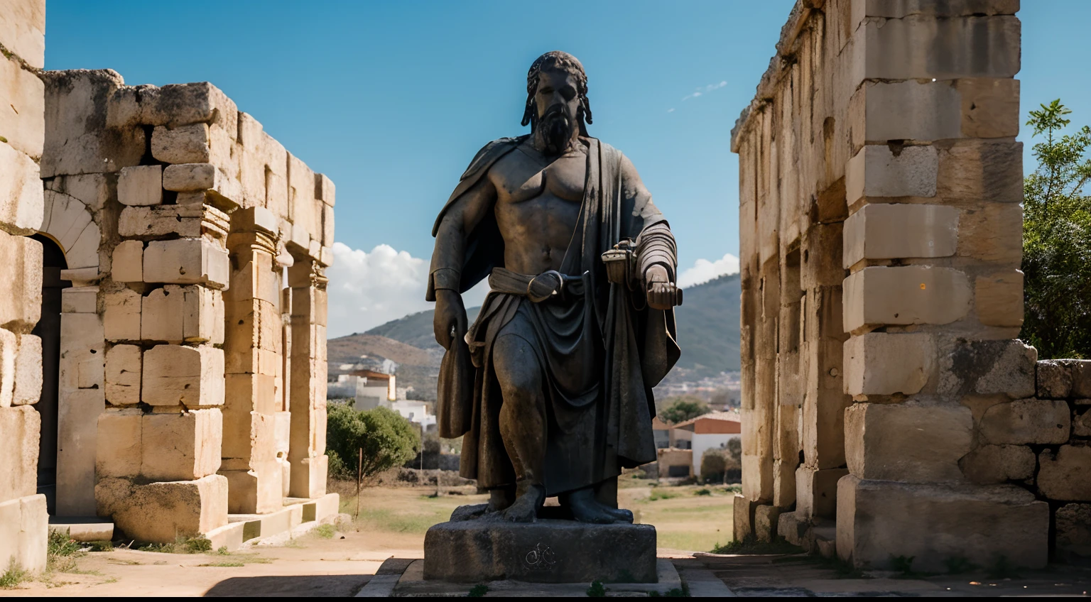 Ancient Stoic Statue With Very Angry Expression, tem barba, muitos detalhes em ambos os olhos, Outside, fundo atenas grego, open sky, com rosto extremamente detalhado full body view, Colors with low saturation with dark tone, Filmado em Sony A7S III com Sony FE 35mm f/1.8, 12.1 MP, --AR 3:2 --estilo cru