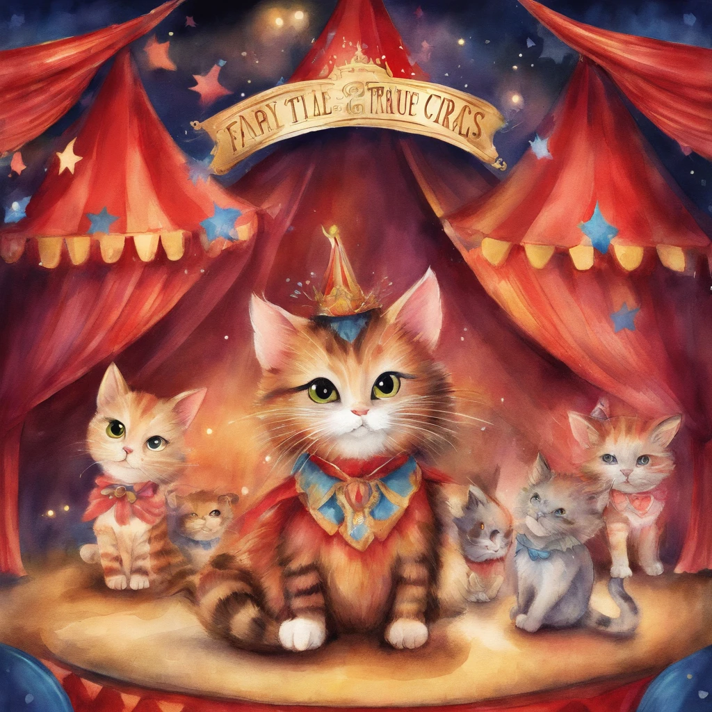 Cat Circus Troupe　Fantastic atmosphere　Picture book illustrations　watercolor paiting　Overall, the color is strong red