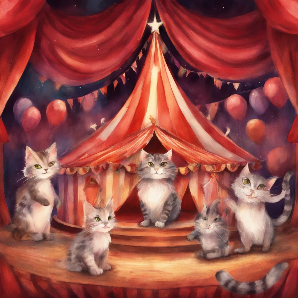 Cat Circus Troupe Fantastic atmosphere Picture book illustrations watercolor paiting Overall, the color is strong red