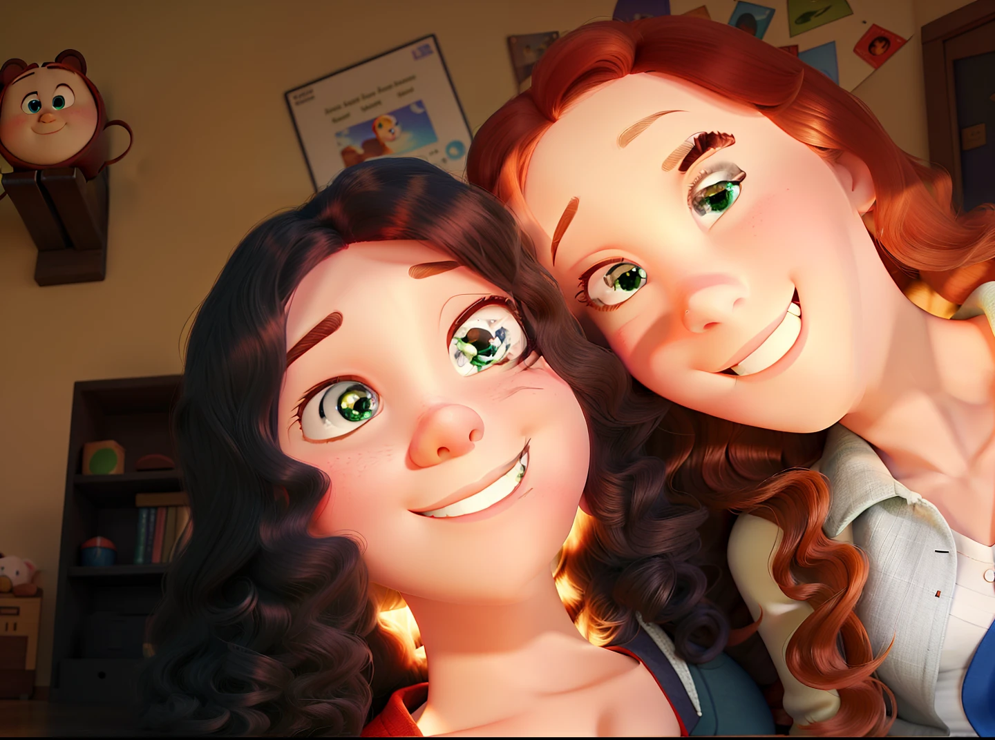 A Disney Pixar style poster  of two white skinned  female friends. The first has a round face, curly long bright red hair and brown eyes. The other has green eyes and long straight blonde hair.