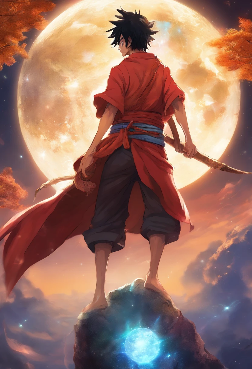 Monkey D Luffy Wano, on top of a large stone, olhando para o horizonte, roupas laranjas, night sky and starry, bright stars in the sky, scar under left eye