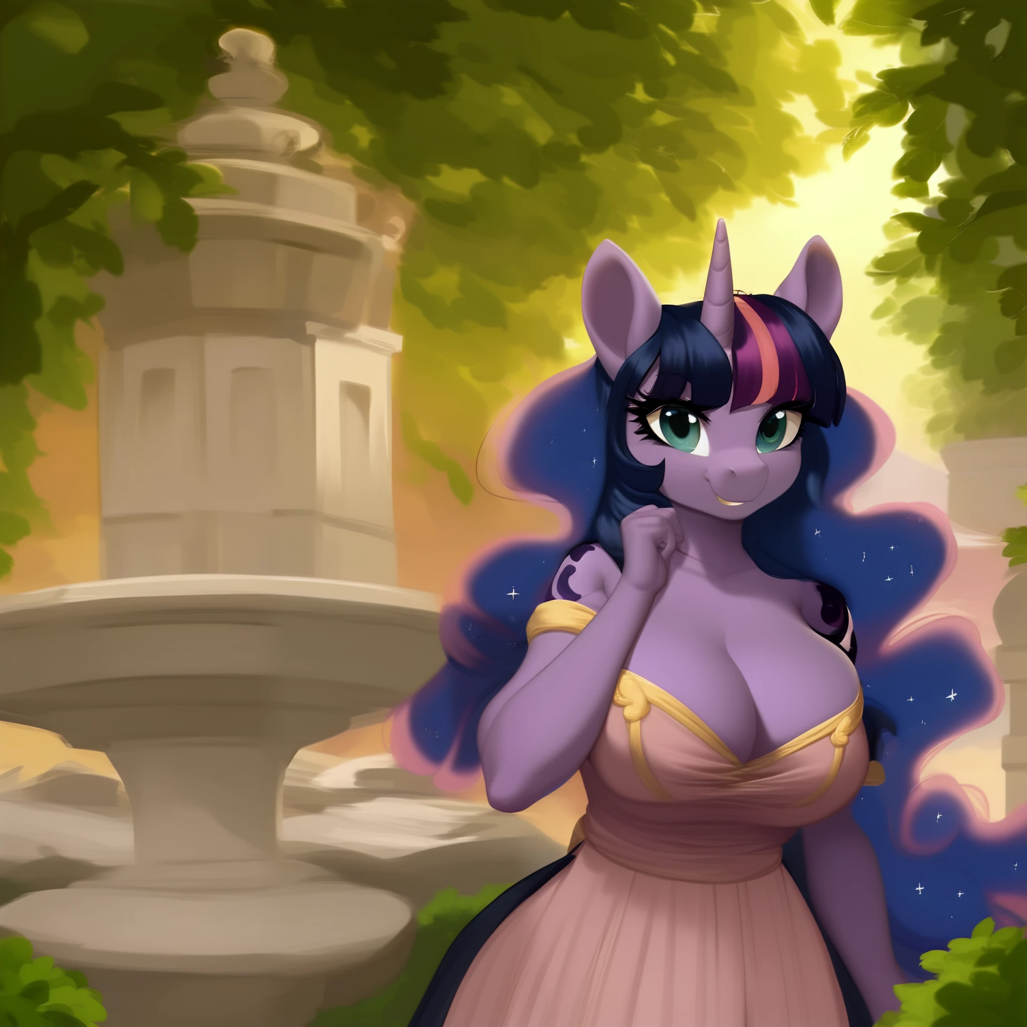 (score_9), (source_pony), (solo), (alicorn), ((anthro princess luna fusion twilight sparkle:1.2)), (librarian dress), facing you, sexy, smiling, sensual, long Messy hair, anatomically correct, night garden, standing near fountain, big breast, half body, anime art style