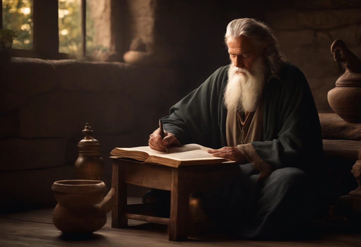 Develop an ultra-realistic image of an Old Testament prophet in a moment of reflection, Imagine him writing a scroll in a rustic and clear setting.