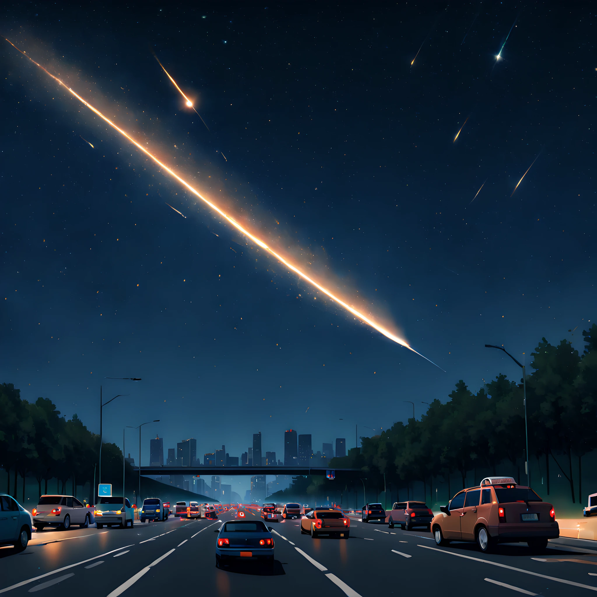 (Pixel art:1.5), (pixel theme:1.5), (fantasy:1.5), (meteor:1.5), (A meteorite passes over a car on the Metropolitan Expressway:1.5), (Metropolitan Expressway:1.5), (meteorite:1.5), (starry night sky:1.5),(A swarm of cars escaping from the capital:1.5), (congestion:1.5), (Meteor showers in the sky:1.5),