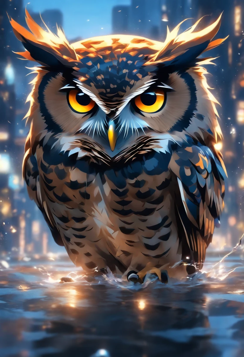 The owl caught a mouse，Fly over the water，inverted image，Sharp focus，Bokeh，depth of fields，Works of masters，super-fine，Hyper-realistic，8K，Best picture quality，Detailed description，电影灯光，cinematic perspective