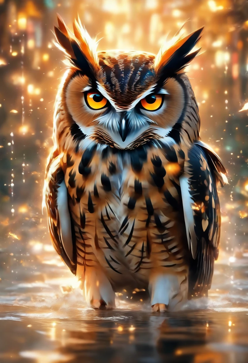 The owl caught a mouse,Fly over the water,inverted image,Sharp focus,Bokeh,depth of fields,Works of masters,super-fine,Hyper-realistic,8K,Best picture quality,Detailed description,电影灯光,cinematic perspective