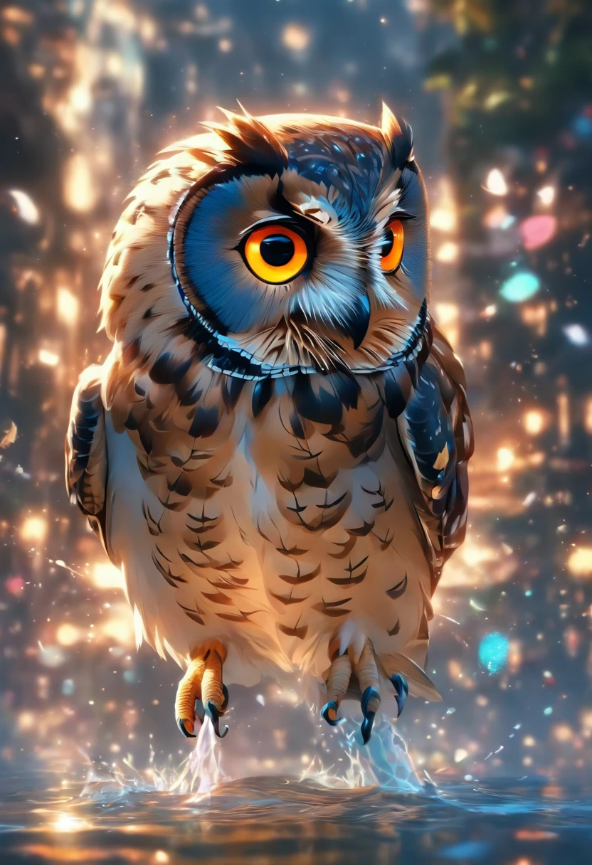 The owl caught a mouse,Fly over the water,inverted image,Sharp focus,Bokeh,depth of fields,Works of masters,super-fine,Hyper-realistic,8K,Best picture quality,Detailed description,电影灯光,cinematic perspective