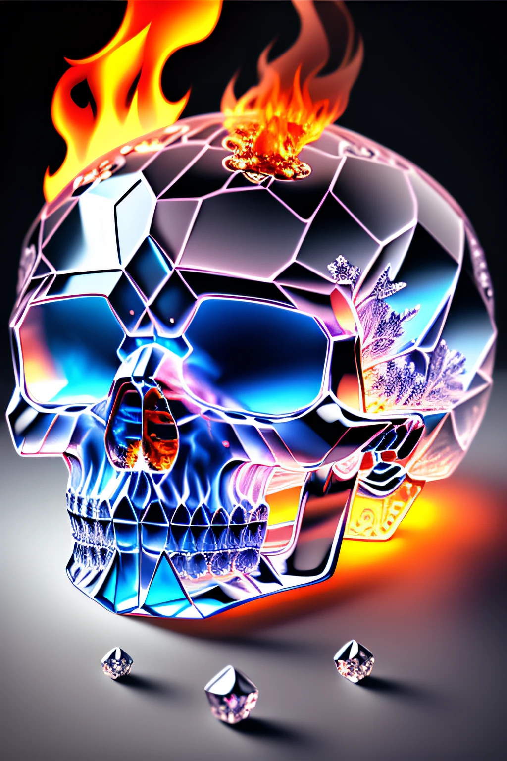 A beautiful, highly detailed and textured clear crystal skull. he is on fire and the flames are moving on him