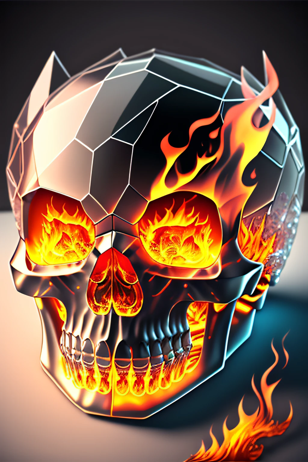 A beautiful, highly detailed and textured clear crystal skull. he is on fire and the flames are moving on him