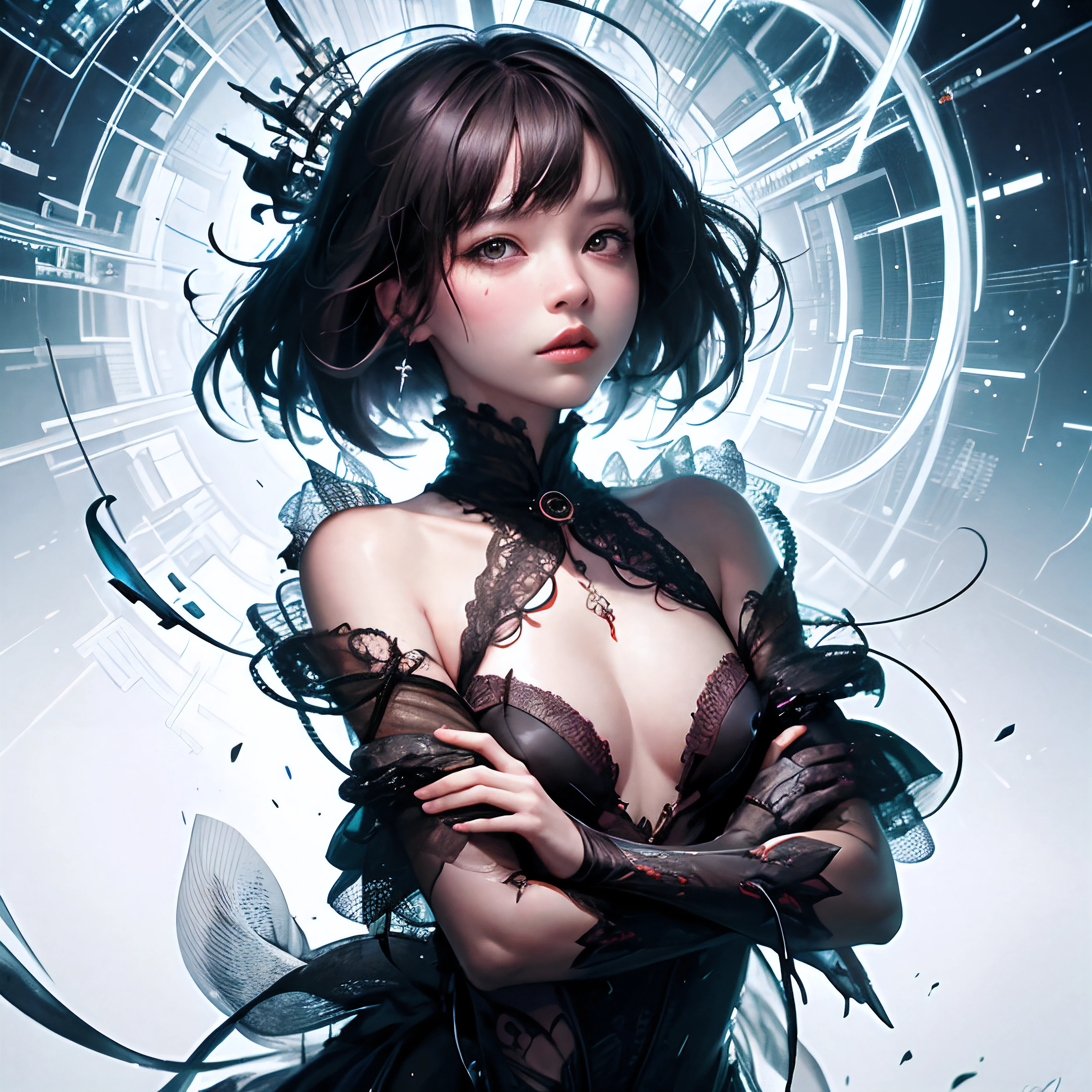 official art, unity 8k wallpaper, ultra detailed, beautiful and aesthetic, masterpiece, best quality, (zentangle, mandala, tangle, entangle), (fractal art:1.3) , 1girl, extremely detailed, dynamic angle, cowboyshot, the most beautiful form of chaos, elegant, a brutalist designed, vivid colours, romanticism, by james jean, roby dwi antono, ross tran, francis bacon, michal mraz, adrian ghenie, petra cortright, gerhard richter, takato yamamoto, ashley wood, atmospheric, ecstasy of musical notes, streaming musical notes visible