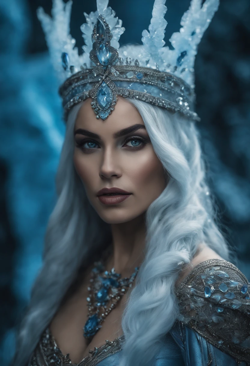Blue skin color as avatar movie, Mujer de cabello blanco vestida con un traje con cuernos y una corona, Reina del hielo y la tormenta, Bruja de hielo, Reina de Hielo, Hermosa bruja de escarcha antigua, Ne zha de Smite |, Reina del inframundo, La Reina de Hielo, con una pared de hielo, Mago de hielo, en una cueva helada, succubus | medieval tallado como una diosa