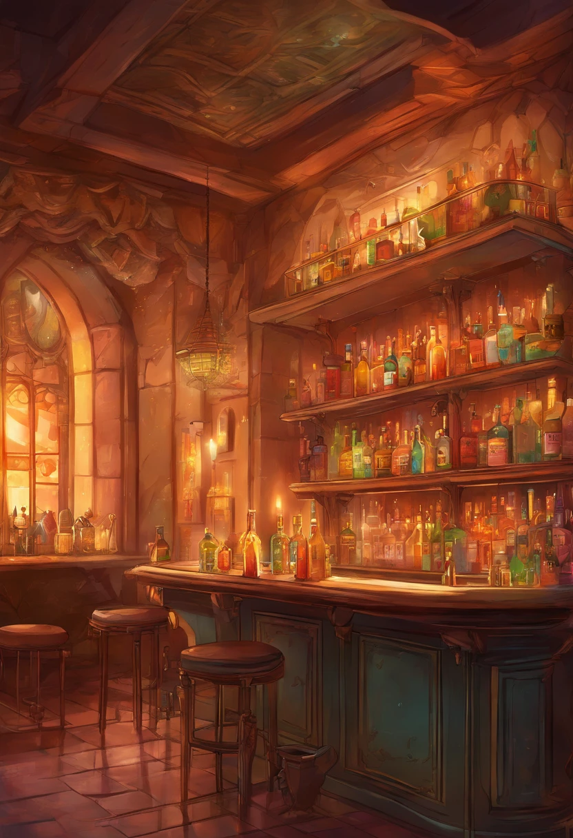 (a bar counter, estilo mineiro, warm lighting, A bottle of cachaça stands out on the counter), (On the bottle it says "Fabulous Cachaça") Behind the counter, uma prateleira com bebidas diversas.