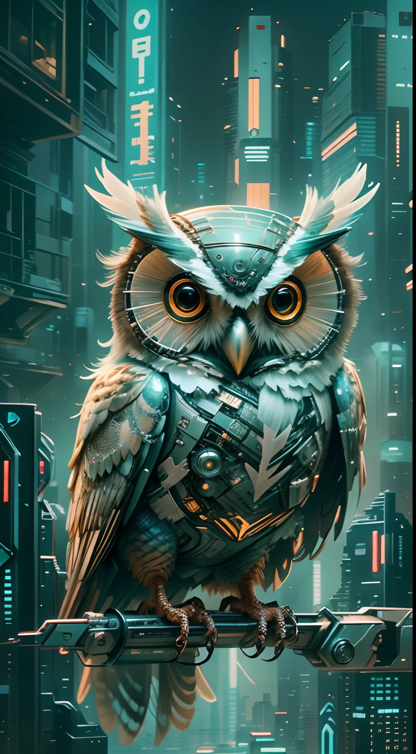 Translucent ethereal mechanical owl，The king of futuristic owls，Mechanical wings，futuristic urban background，Beautiful sci-fi art, Science-fi digital art illustration, Digital cyberpunk art, science fiction digital painting, futuristic digital painting, futuristic concept art, in front of a sci fi cityscape, science fiction digital art, Advanced digital cyberpunk art, Fantastic cyberpunk owls