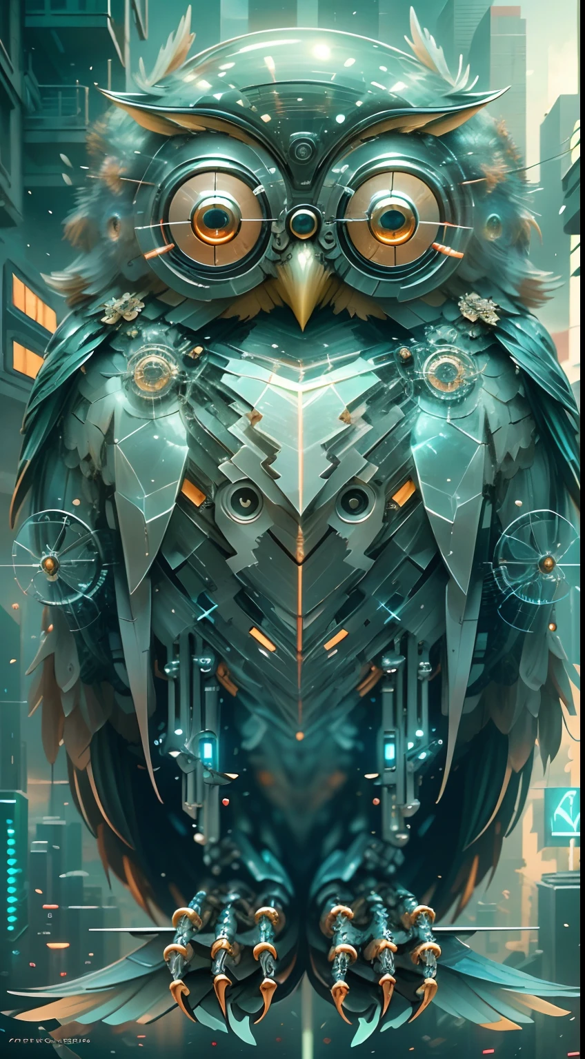 Translucent ethereal mechanical owl，The king of futuristic owls，Mechanical wings，futuristic urban background，Beautiful sci-fi art, Science-fi digital art illustration, Digital cyberpunk art, science fiction digital painting, futuristic digital painting, futuristic concept art, in front of a sci fi cityscape, science fiction digital art, Advanced digital cyberpunk art, Fantastic cyberpunk owls