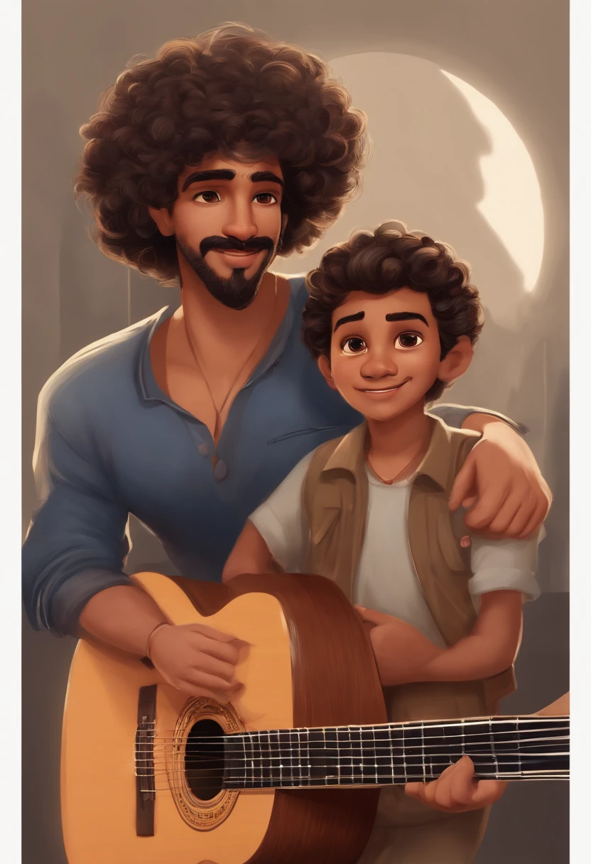 crie um banner no estilo Pixar. A boy with Indian features, musculoso, Asian eyes, wearing goggles, com bigode, moreno pardo com cabelos raspados, Castanhos escuros, Frizzy and slightly grayish appearance, mas jovem, usando uma camisa do flamengo, Wearing jeans and holding a classical guitar with 7 strings.