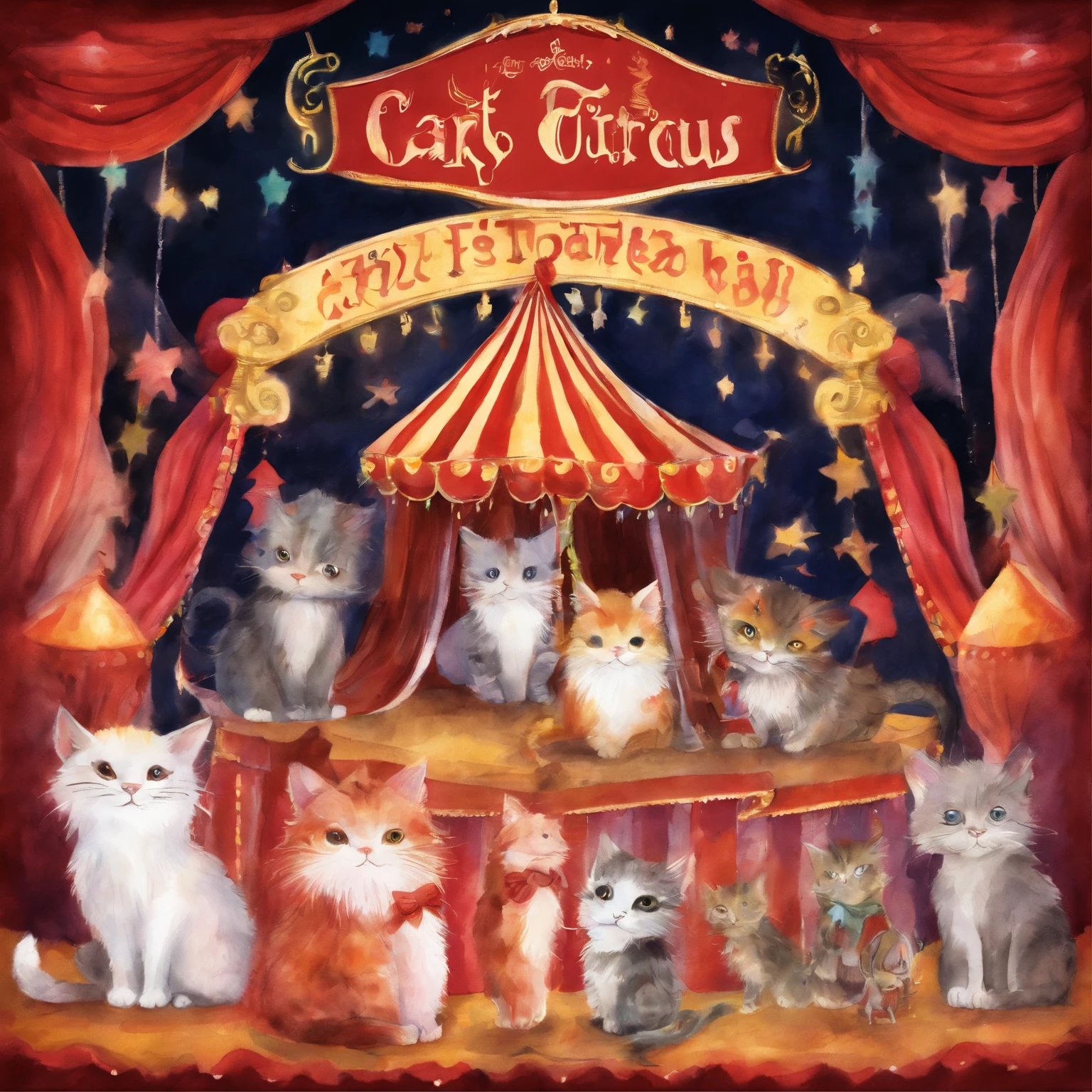 Cat Circus Troupe　Fantastic atmosphere　Picture book illustrations　watercolor paiting　Overall, the color is strong red