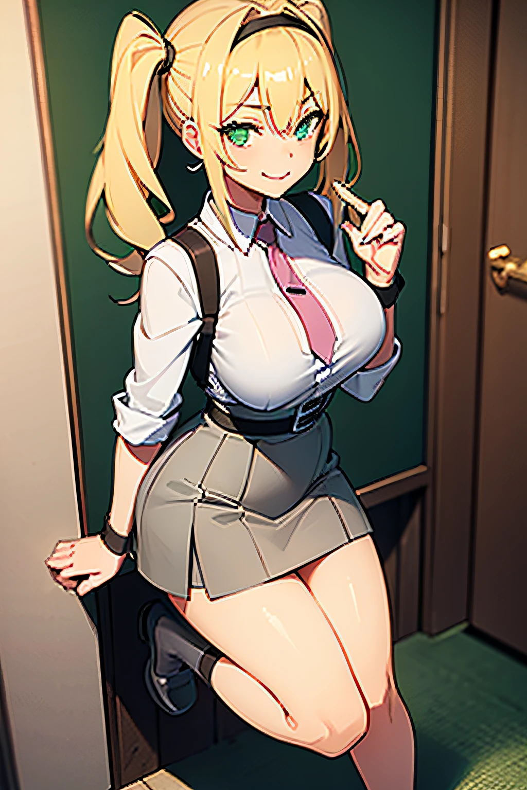 1girl light skin, seductive smirk, b cup size, blonde hair with pig tails, lime green eyes, wears grey loose shirt, she wears a grey short skirt, wears brown soft slippers, full body view,