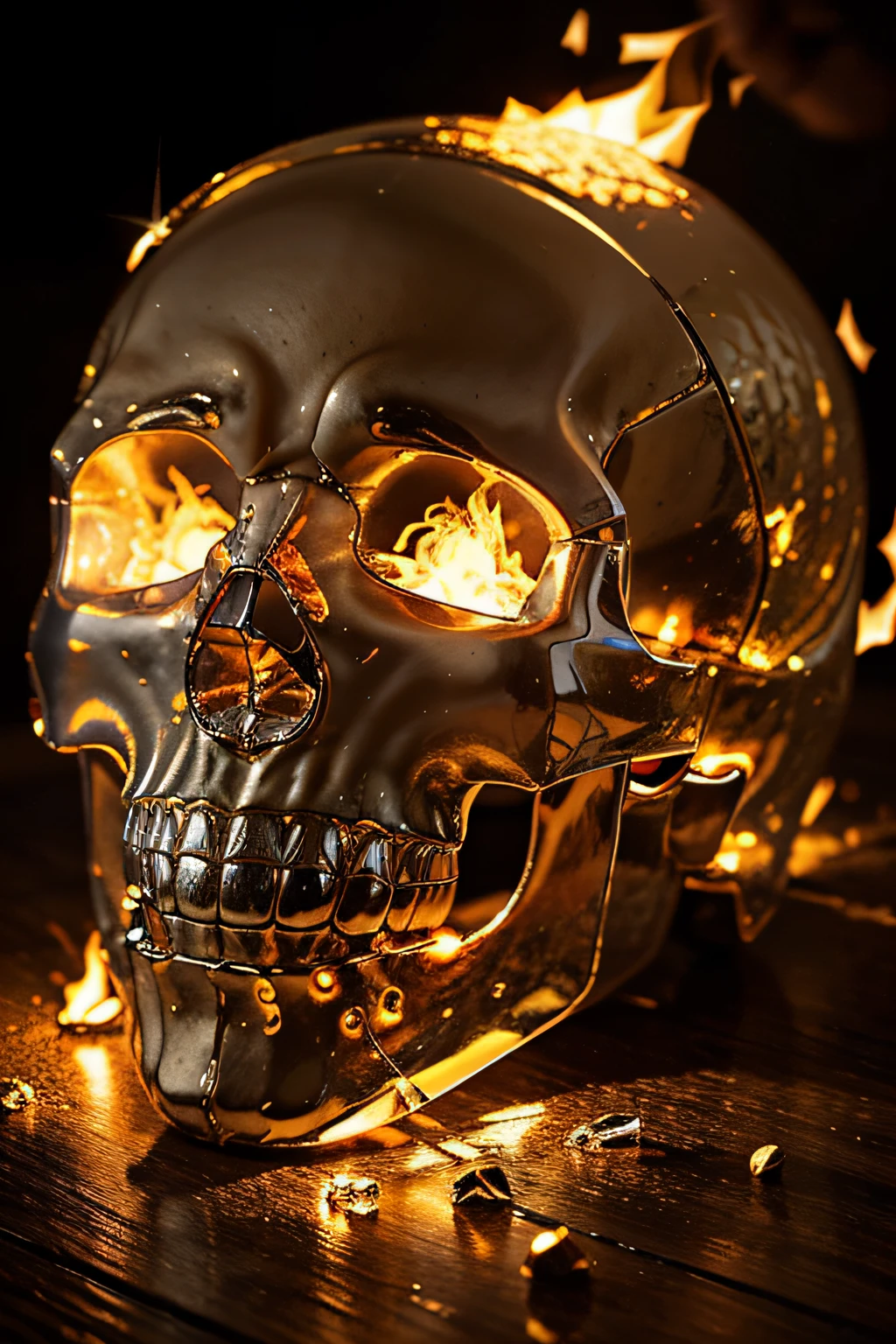 A beautiful, highly detailed and textured clear crystal skull. he is on fire and the flames are moving on him