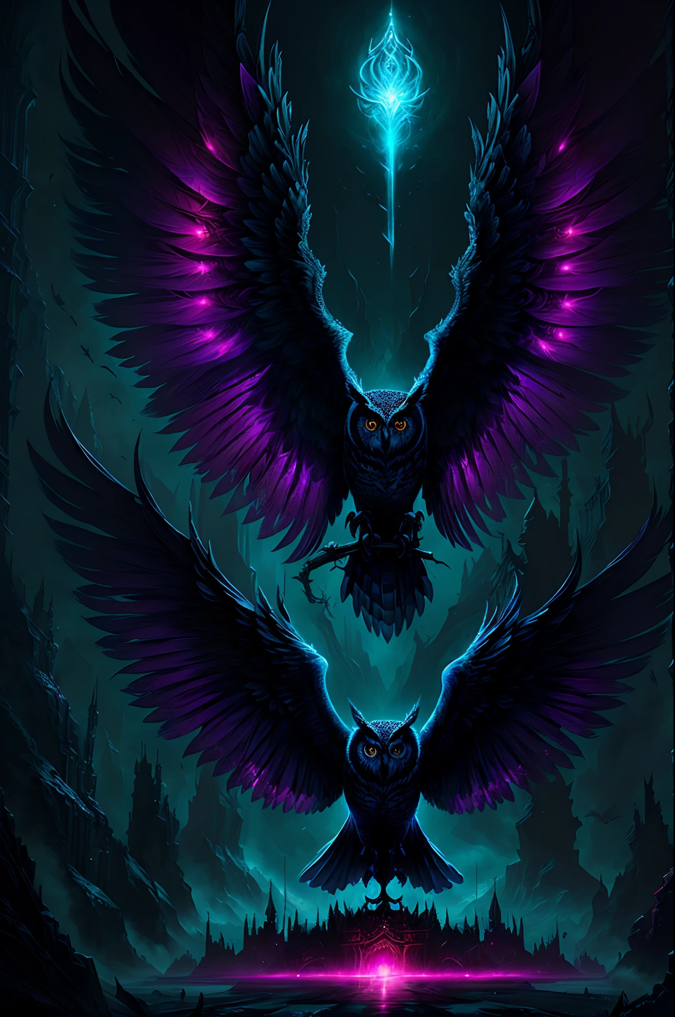 The owl stands in front of the Dark City,Close-up of owl,The face and wings glow, Beautiful and elegant owl, Symmetrical epic fantasy art, dan mumford tom bagshaw, an ominous fantasy illustration, Diablo digital concept art, The head is an owl, Fuchsia feathers, Epic fantasy art style, Detailed digital 2D fantasy art, Epic fantasy art style HD, 8K fantasy art,
